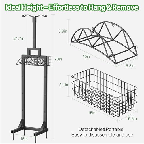 Garden Hose Holder, Water Hose Holders for Outside with Storage Basket & 2 Shepherds Hooks, Detachable Garden Hose Holder Freestanding, Heavy Duty Hose Holder Supports 150ft Hoses