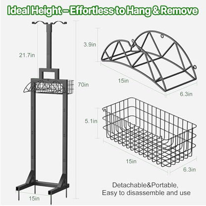 Garden Hose Holder, Water Hose Holders for Outside with Storage Basket & 2 Shepherds Hooks, Detachable Garden Hose Holder Freestanding, Heavy Duty Hose Holder Supports 150ft Hoses