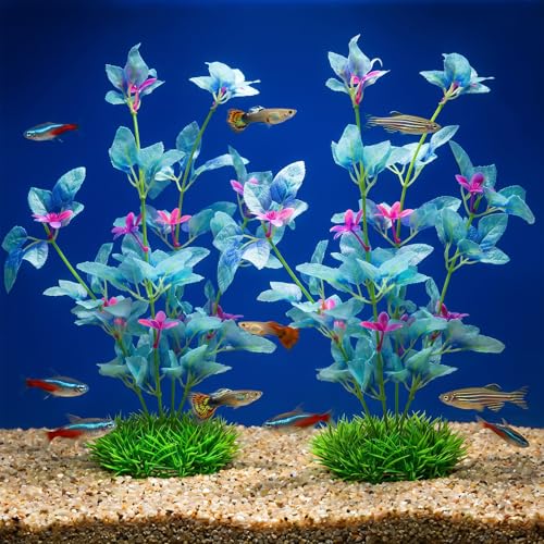 2Pcs Silk Aquarium Plants- 13" Cyan Silk Plants for Fish Tank, Goldfish Tall Fish Tank Decorations & Freshwater Betta Habitat- for Miniature Eco Enthusiasts