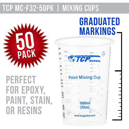 TCP Global 32 oz. (1000ml) Graduated Plastic Mixing Cups (Box of 50) - Disposable Plastic Measuring Cups for Liquids, Paints, Resin, Epoxy, Art, Kitchen - Ratios 2-1, 3-1, 4-1 ML