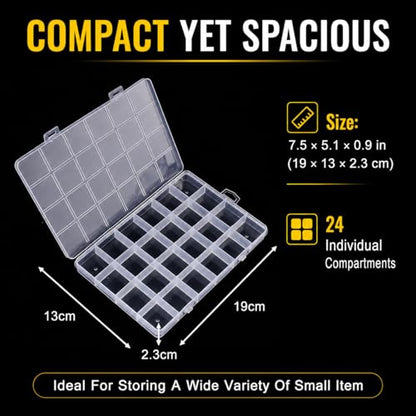 2 Pcs 24 Grid Plastic Organizer Boxes Small Parts Organizer Bead Storage Containers Jewelry Findings Organizers Box Earring Screw Holder Transparent Storage Case with Fixed Dividers