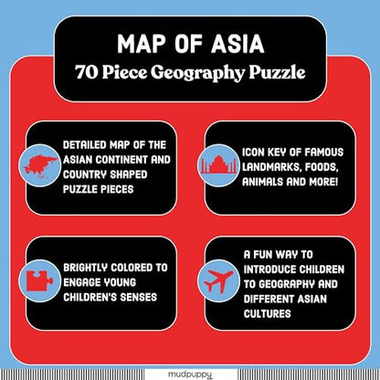 Mudpuppy Map of Asia – 70 Piece Geography Puzzle with Country-Shaped Pieces and Iconic Landscapes Cultural Items and More - style: Map of Asia