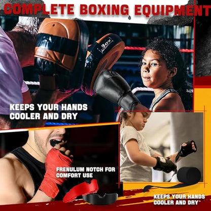 14 Pcs Boxing Set Boxing Equipment Set for Beginners Including 2 Pair of 6 oz Boxing Gloves Headgear Helmet Hand Wraps Mouth Guards Gifts Training Equipment - color: Black & Red