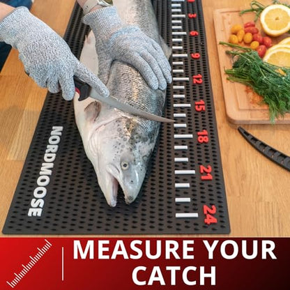 Nordmoose Fish Fillet Mat with Storage Bag and Fish Ruler Decal. Large 28""x14"" Nonslip Fish Cleaning Mat that Grips the Fish - Durable & Easy to Clean, Portable Fish Cutting Board, Black