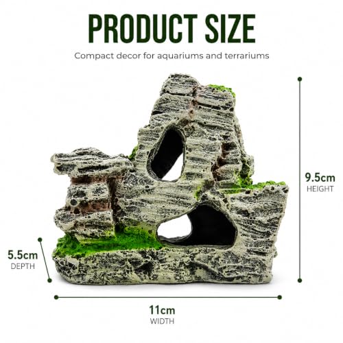 Resin Aquarium Mountain Decor with Moss Rock Cave - Multi-Level Terrain for Fish Tank Landscaping, Natural-Looking Rockery Design with Hidden Cave and Crevices for Shrimp, Reptile Habitat Aquascaping