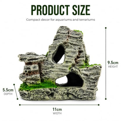Resin Aquarium Mountain Decor with Moss Rock Cave - Multi-Level Terrain for Fish Tank Landscaping, Natural-Looking Rockery Design with Hidden Cave and Crevices for Shrimp, Reptile Habitat Aquascaping