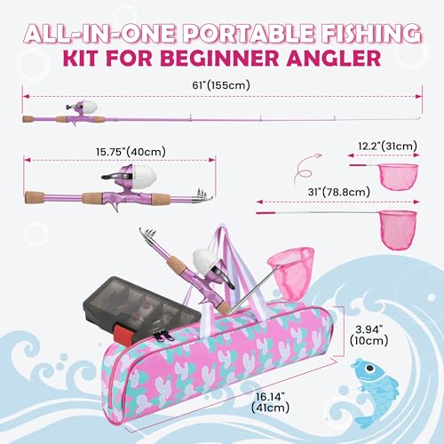 Kids Fishing Pole, Portable Telescopic Kids Fishing Poles for Boys Girls Youth, Fishing Rod and Reel Combo - color: Metallic Pink