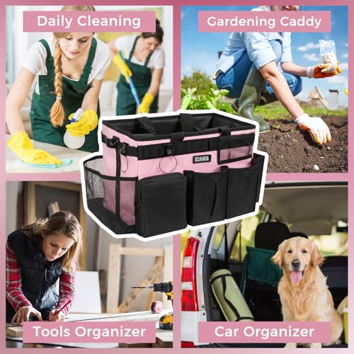 SCAVATA Wearable Cleaning Caddy Bag, Cleaning Caddy Supplies Organizer with Handle & Shoulder Straps for Housekeepers, Under Sink & Car Cleaning Tool Organizers with 4 Foldable Divider (SweetPink) - color: SweetPink