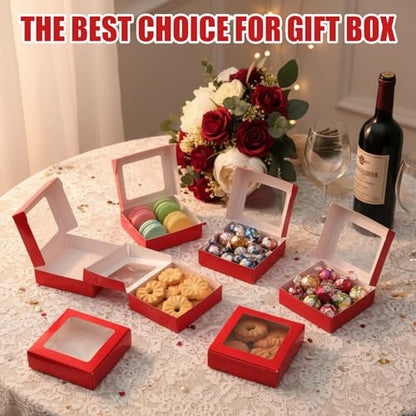 Zonon 30 Pcs Kraft Paper Boxes with Window 4.13 x 4.13 x 1.18 Inch Candy Packaging, Small Gift Boxes, Soap holder, Mini Treat Packaging for Bakery Chocolate Jewelry Display (Dark Red) - color: Dark Red