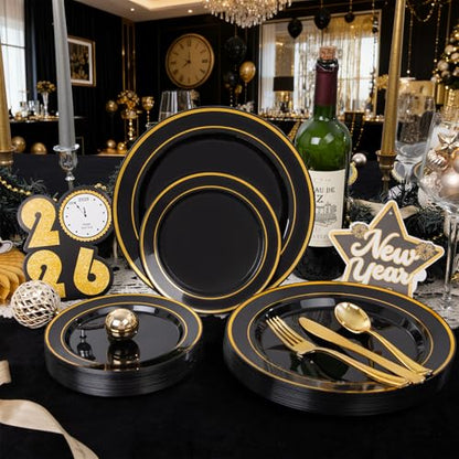 350 Pieces Black and Gold Plastic Plates with Disposable Silverware, Include 50 Dinner Plates 9”, 50 Dessert Plates 6.3”, 50 Black Cups 9 OZ, 50 Pre Rolled Napkins for Wedding/Party/Birthday - color: Black - Modern, size: 350