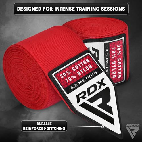 RDX Boxing Hand Wraps 4.5M / 180 Inches – Mexican Style Semi-Elastic MMA Inner Gloves - Wrist Support for Muay Thai, Kickboxing, BJJ, Karate - Thumb Loop & Hook and Loop Closure - Cotton & Nylon Blend - color: Red