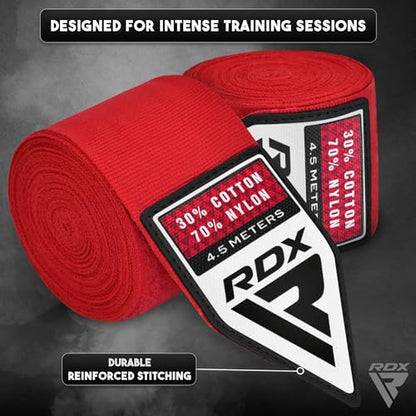 RDX Boxing Hand Wraps 4.5M / 180 Inches – Mexican Style Semi-Elastic MMA Inner Gloves - Wrist Support for Muay Thai, Kickboxing, BJJ, Karate - Thumb Loop & Hook and Loop Closure - Cotton & Nylon Blend - color: Red