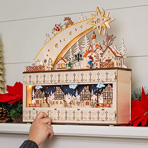 Best Choice Products Wooden Christmas Advent Calendar, Shooting Star Holiday Decoration w/Battery-Operated LED Light Background