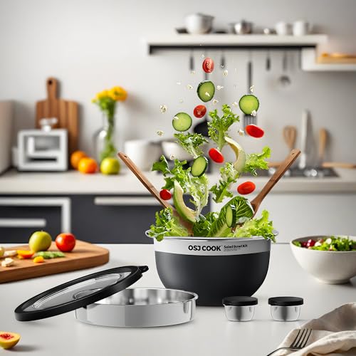 74oz Salad Bowl Kit with Lid & Tray, Scratch-Resistant 18/8 Stainless Steel Salad Bowls To Go For Lunch, Large Leak-Proof Container with 2 Condiment Canisters, Black - color: Black