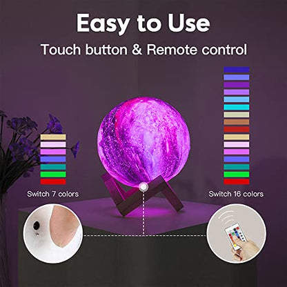 BRIGHTWORLD Moon Lamp Galaxy Lamp 5.9 inch 16 Colors LED 3D Moon Light, Remote & Touch Control Moon Night Light Gifts for Girls Boys Kids Women Birthday（Wooden Base） - style: Wooden Base