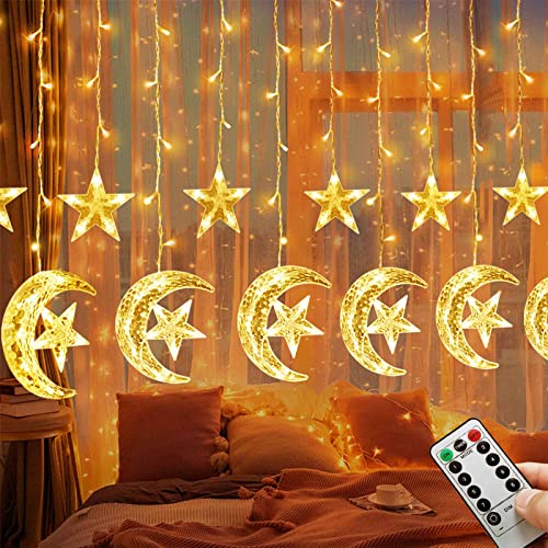 Ramadan Decorations for Home,138 LED Upgraded Extra Large Star Moon Curtain Lights for Kids Bedroom Decor,USB Powered 8 Modes Remote LED Fairy Lights for Ramadan Window Wedding Christmas Decor