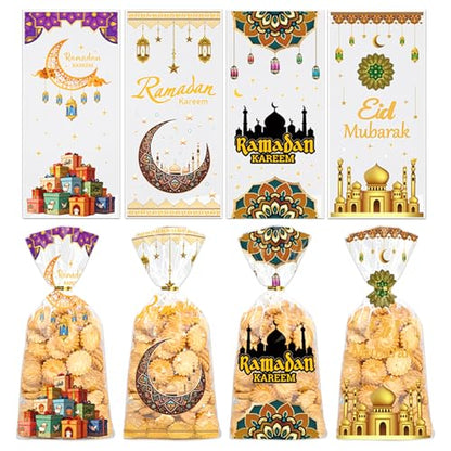 Totelux Eid Mubarak Cellophane Goodie Bags Clear Plastic Bag Ramadan kareem Treat Bags with Ties for Cookies Candy Gift Wrapping Muslim Eid Party Favor Supplies 50PCS