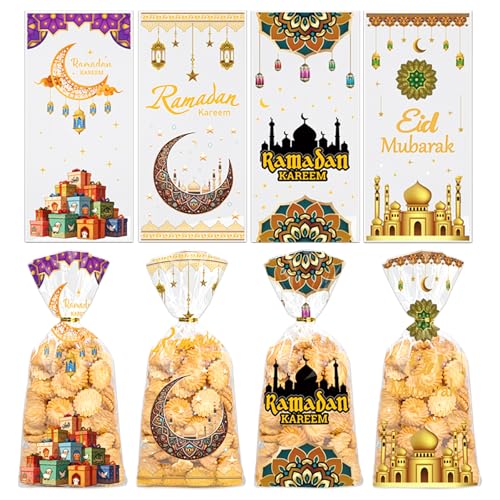 Totelux Eid Mubarak Cellophane Goodie Bags Clear Plastic Bag Ramadan kareem Treat Bags with Ties for Cookies Candy Gift Wrapping Muslim Eid Party Favor Supplies 50PCS