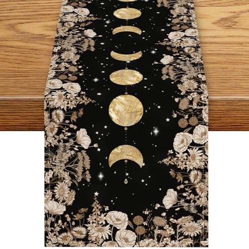 Boho Floral Table Runner, Rustic Spring Wild Floral Golden Moon Phase Botanical Gothic Witchy Mystical Coffee Table Center Decor for Family Kitchen Outdoor Holiday Party Table Decorations, 13"x36" - color: Moon Flower-5, size: 13“ X 36"