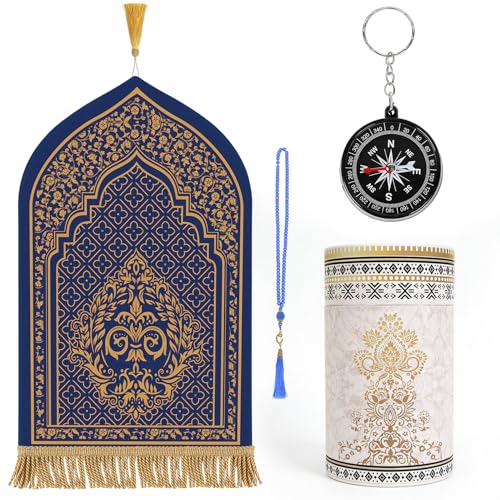 Prayer Mat Ramadan Gifts - Blue Prayer Rug Islamic Praying Tasbih Beads Compass, Muslim Praying Carpet for Men Women Eid Salah Meditation Namaz, Gifts for Eid Ramadan - color: Blue