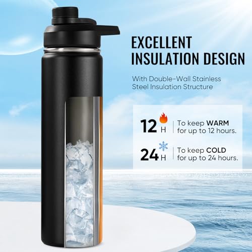 Fijinhom Insulated Water Bottle with Handle, 304 Stainless Steel Water Bottles with Wide Mouth, Double Wall Vacuum Sports Water Bottle, BPA Free, Keep Cold and Hot, 24 Ounces, Black | with Handle - color: Black, size: 24 Ounces