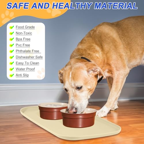 SMILOOL Silicone Pet Food Mat with Raised Edge for Food and Water Bowl, Dog Feeding Mats, Cat Food Trays for Floor Waterproof, Rubber Tray for Dogs and Cats, 24 x 16 x 0.8 White Sand(Yellow Cast)