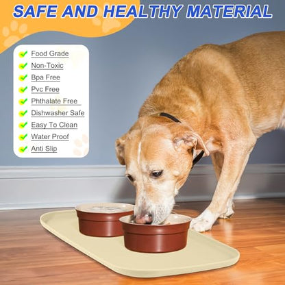SMILOOL Silicone Pet Food Mat with Raised Edge for Food and Water Bowl, Dog Feeding Mats, Cat Food Trays for Floor Waterproof, Rubber Tray for Dogs and Cats, 24 x 16 x 0.8 White Sand(Yellow Cast)