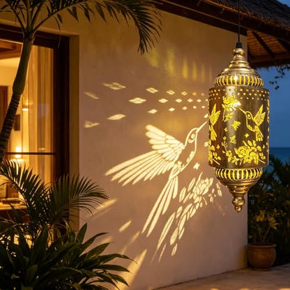 2 Pack Solar Hummingbird Hanging Lantern for Patio, Porch & Garden Decor | Casts beautiful hummingbird patterns, waterproof outdoor lanterns and thoughtful gardening gifts for women. - style: Hummingbird