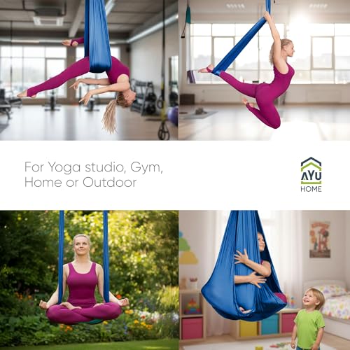 AyuHome Aerial Silks Kit for Home - Premium Yoga Swing for Adults with 660 lbs Capacity - Versatile Aerial Yoga Hammock for Gymnastics Training - color: Aerial silk - Precious Blue - New