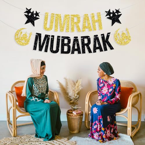 Umrah Mubarak Banner-Eid Mubarak Festival Party Hanging Decorations, Ramadan Kareem/Happy Eid, Hajj Mubarak Umrah Mubarak Islamic Party Supplies Gold and Black Glitter