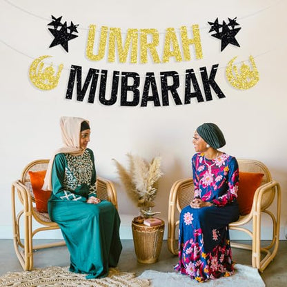 Umrah Mubarak Banner-Eid Mubarak Festival Party Hanging Decorations, Ramadan Kareem/Happy Eid, Hajj Mubarak Umrah Mubarak Islamic Party Supplies Gold and Black Glitter