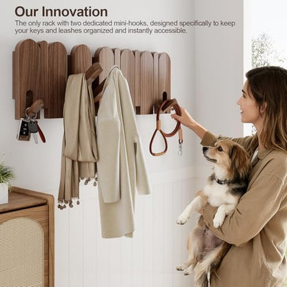 Walnut Wood Coat Rack Wall Mount,16.5" Wall Mounted Coat Rack with 8 Retractable Hangers,Heavy Duty Coat Hooks for Hanging Coats,Hats,Towels,Bags,Key Holder for Entryway - color: Walnut