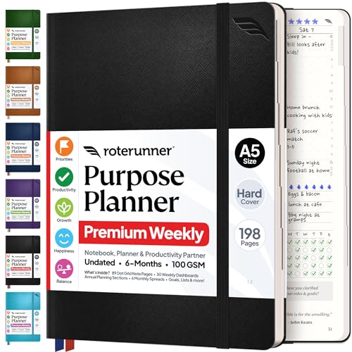 Roterunner Purpose Planner Notebook A5 5.8”x8.3” Undated 2026 Daily Weekly and Monthly Productivity Goal Setting Tool for Work Home ADHD Planner for Adults Self Care Journal (Black Hardcover) - color: Black, size: A5 Hardcover