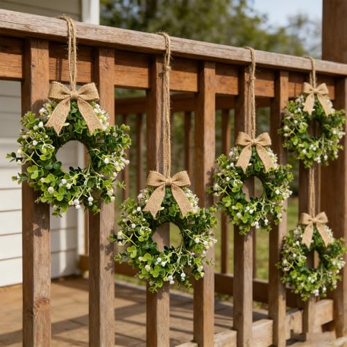 4 Pcs Small Spring Summer Hanging Wreaths for Cabinets Artificial Greenery Eucalyptus White Berry Mini Candle Ring Wreath with Foliage for Home Kitchen Front Door Window Porch Wall Wedding Decor