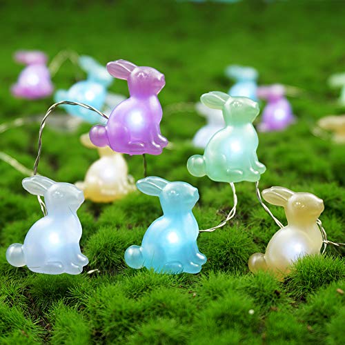 BOHON Easter Decoration Bunny String Lights Battery Operated with Remote - color: Purple Blue Green Yellow and White