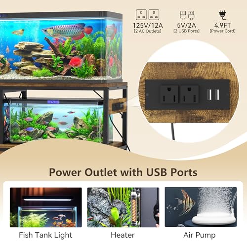 Heybly 55-75 Gallon Fish Tank Stand, Aquarium Stand with Drawer, Power Outlet, Heavy Duty Metal Frame, for Fish Tank, Turtle & Reptile Terrarium, 36.2" L × 18.1" Top, 660lbs(Top)+400lbs(Mid), Rustic Brown HAS005SR - color: Rustic Brown, size: 55-75 gal