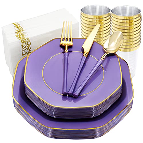 KIRE 140Pcs Purple Plates with Gold Rim - Plastic Plates for Party - color: Purple and Gold
