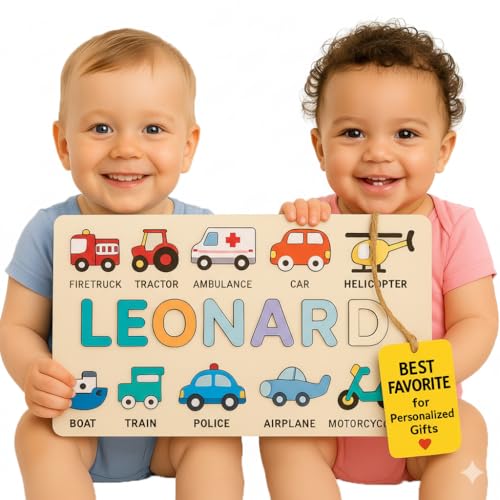 Personalized Name Puzzle for Toddlers 1-3 | Custom Wooden Baby Gift | 1st Birthday, Baby Shower & Easter | Montessori Learning Toy | Nursery Decor for Boys & Girls - Set 5 - style: Vehicles - 10 Figures