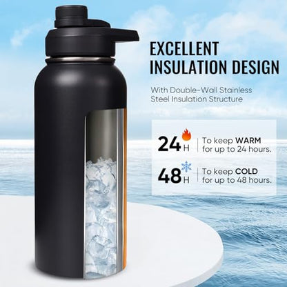 Fijinhom Insulated Water Bottle with Handle, 304 Stainless Steel Water Bottles with Wide Mouth, Double Wall Vacuum Sports Water Bottle, BPA Free, Keep Cold and Hot, 32 Ounces Black - color: Black, size: 32 Ounces