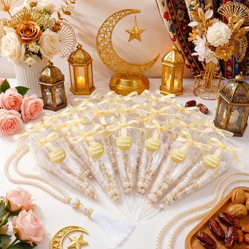 Ferreve 24 Sets Islamic Prayer Beads Bulk Ramadan Eid Gifts Muslim Party Favors Eid Mubarak Pearl Prayer Beads for Ramadan Islamic Festival Party Favor Wedding Bridal Shower Gifts(White) - color: White
