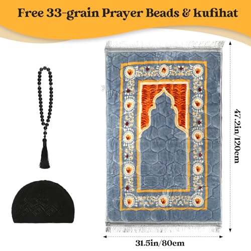 Muslim Prayer Rug with Tasbih Prayer Beads & Kufi Hat, Padded Very Thick Prayer Rug Sajadah for Men and Women (Green2) - color: Green2