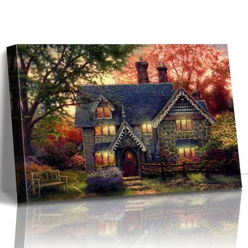 STUDIO HAVEN Thomas Kinkade Canvas Wall Art, Autumn Evening Flower Garden Cozy Glow and Wooden Bench Oil Painting Poster Rustic Landscape Wall Decor, Framed Prints for Home Decor, 16x12Inch - color: Thomas013, size: 16"L x 12"W