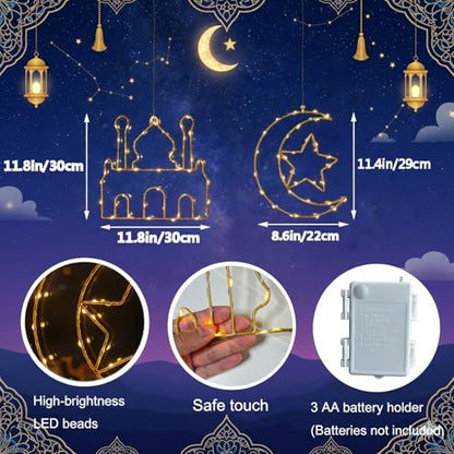 Eid Ramadan Mubarak Window Lights, 2 Pcs LED Hanging Decorations, Moon & Mosque Iron Art, Battery Operated with 8 Lighting Modes, Ramadan Decorations for Home & Festival Indoor & Outdoor Decor