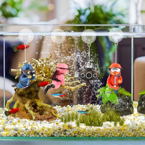4pcs Floating Fish Tank Decoration - Floating Little Diver & Retro Submarin | Cute Underwater Dver Ornament,Aquarium Decoration Ornaments,Playmate for Tank Suitable for All Kinds of Fish and Tanks