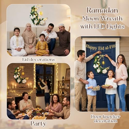 Ramadan 12.6 Inch Moon Wreath with LED Lights, Eid Mubarak Decorations for Home, Hanging Metal Crescent with Artificial Flowers & Greenery, Wall Door Decor for Ramadan Kareem Eid Celebration