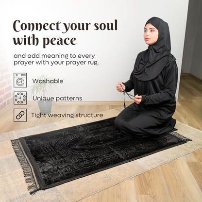 Prayer Rug - Soft Plush Turkish Janamaz Sajada Carpet for Men and Women - Plain Solid Prayer Mat Ramadan Eid Gift - with Prayer Beads - Luxury Floral Stamp, Black - color: Black