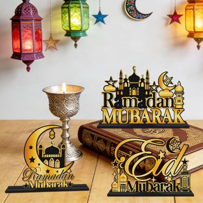 6 Pcs Ramadan Table Decor, Wooden Crescent Moon Star Eid Mubarak Decorations, Ramadan Kareem Mosque Sign Decor Gifts for Home Islamic Holiday Decorations