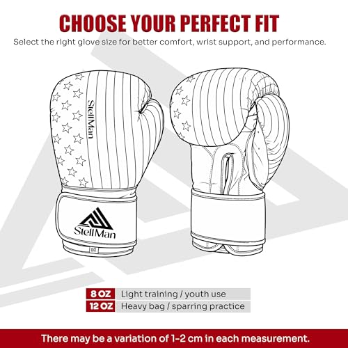 Boxing Gloves USA Flag Design for Men & Women 8oz-12oz – Muay Thai MMA Kickboxing Pro Training Sparring Gloves with Hook and Loop Wrist Support and Ventilation - size: 12 OZ