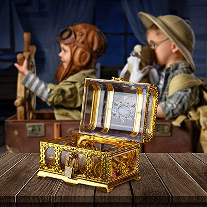 Treasure Chest with Lock and Key,Pirate Theme Party Favors for Kids,Transparent Golden Pirate Chest - color: transparent golden chest 2