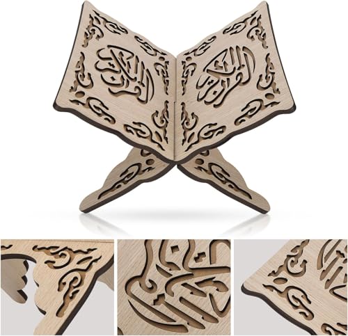1Pcs Wooden Folding Book Stand with Carved Design | 13.8in/35cm Wide, Collapsible Holder for Quran & Bible, Hands-Free Reading, Home Decor, Portable Bookshelf